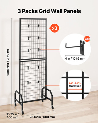 VEVOR 3 Packs Grid Wall Panel 1.9 x 5.4 ft Wire Display Rack with Wheels & Hooks