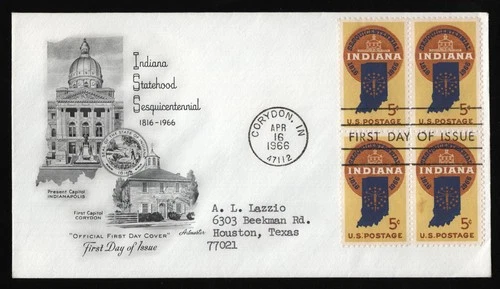 #1308 5c Indiana Statehood-Block of 4, Artmaster FDC **ANY 5=FREE SHIPPING**