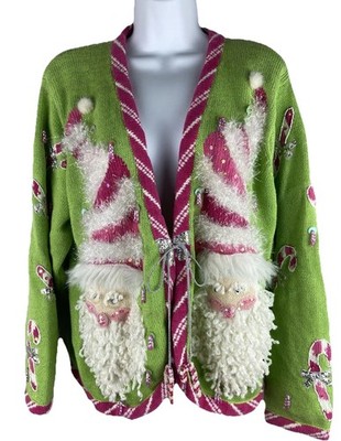 Design Options Christmas Sweater Philip Jane Gordon Cardigan Green Santa XL