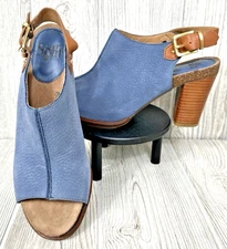 Sofft Womens Cidra Slingback Peep Toe Sandals 8M Blue Leather Heeled Nubuck