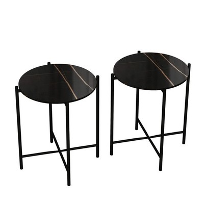 2er Set Marmoroptik Platten rund Beistelltisch Couchtisch Metallgestell