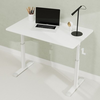 The study desk can be manually adjusted in height with white legs and a tripod