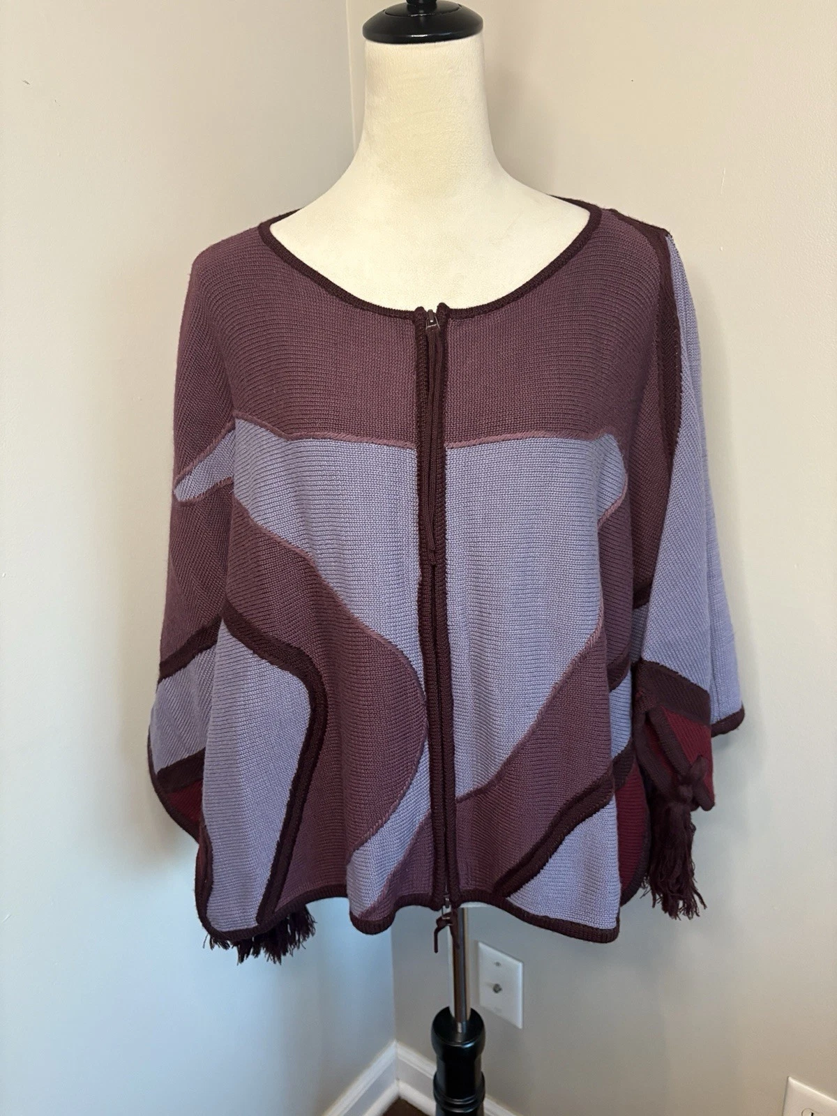 Jacques Ruc NWT Purple ColorBlock Zip Up Shawl Cape Poncho Sweater Artsy Medium