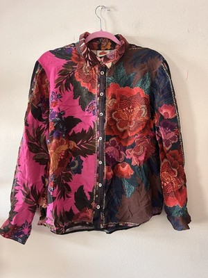 Farm Rio Flower Scarves Long Sleeve Button Up Shirt Large 