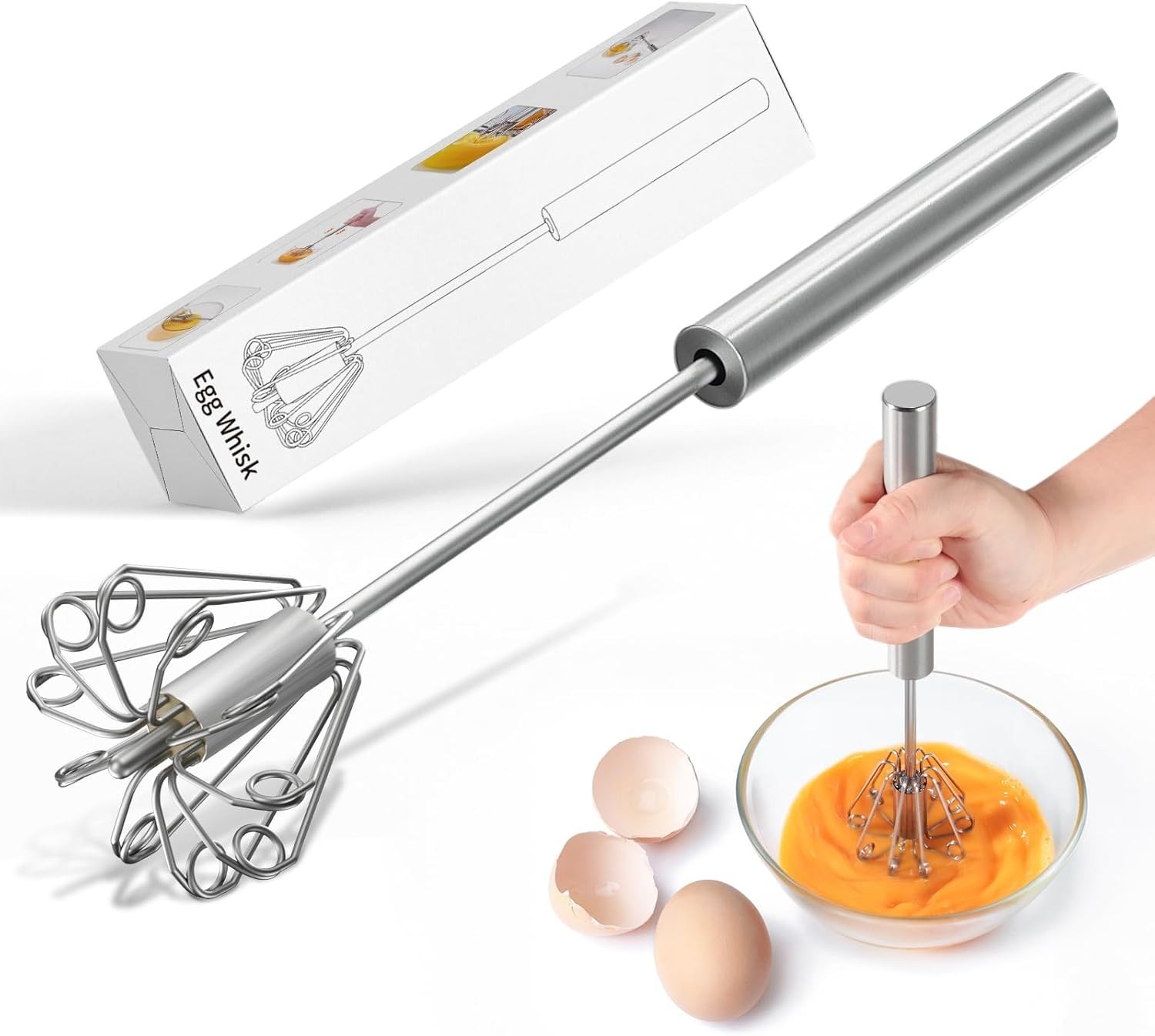 Stainless Steel Egg Whisk Hand Push Rotary Whizzy Whisk Blen