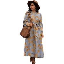 Shein Long Sleeve Maxi Dress Women's M | Blue Floral Print Cottagecore Boho