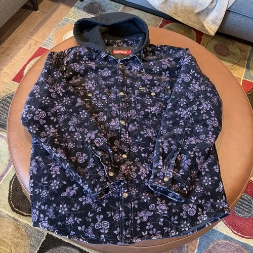 Supreme Quilted Hooded Velvet Snap Shirt 'Floral' - Size L (Worn Once / VNDS) - product listing photo