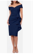 Xscape Womens Short Scuba Off The Shoulder Ruffle Dress Navy Size 8 P NWT