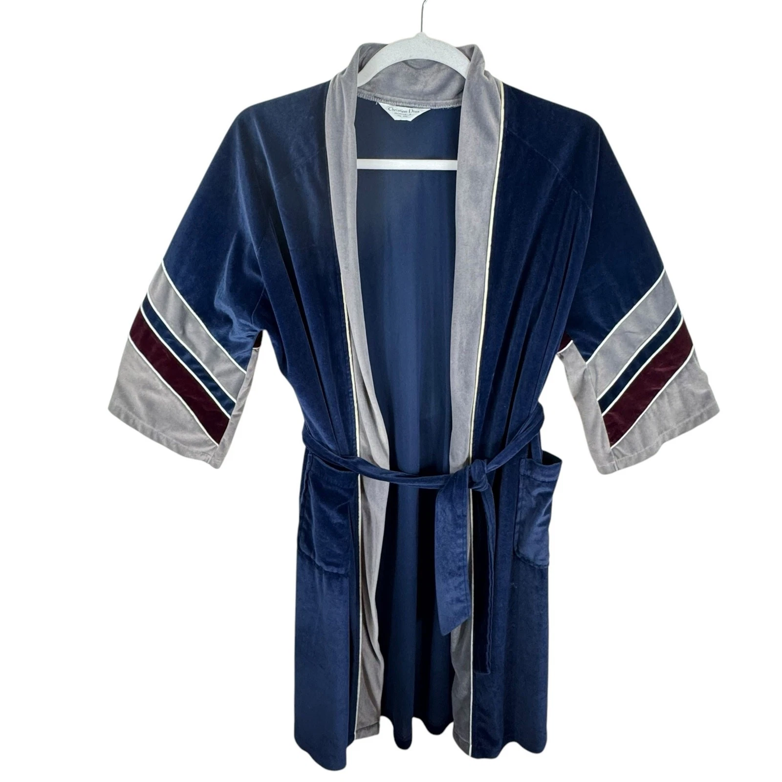 Peignoir de bain velours ceinturé bleu gris Christian Diior Monsieur vintage taille unique