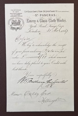 1887 Emery & Glass Cloth Works St Pancras London W.B. Fordham & Sons Quittung
