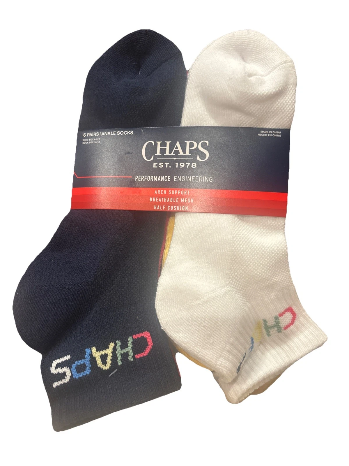 Chaps Performance Ankle Socks 6 Pairs-Arch Support-Shoe Size 10-13 NWT