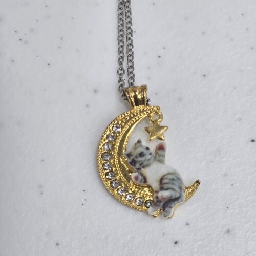 Damen Katze schläft auf goldfarben Geschenk Mond Anhänger Halskette Silber Kette Schmuck - Bild 6 von 24