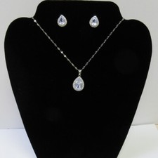Silver Teardrop Cubic Zirconia Charm Necklace  Earrings Set Wedding 1158