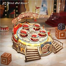 ROKR 3D Puzzles Wooden Music Box Kit With LED Tilt-A-Whirl Mechanical Model Kit