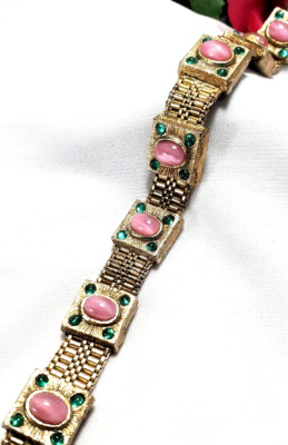 Vintage Pink Green Glass Revival Renaissance Bracelet 7.5