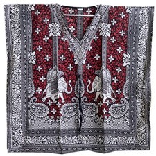 Short Kaftan Plus Size Elephant Print Black and Red Polyester Tunics L-34"