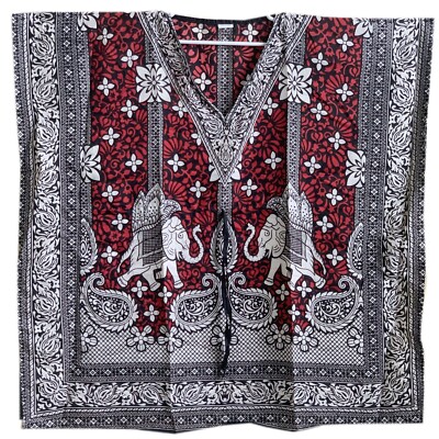 Short Kaftan Plus Size Elephant Print Black and Red Polyester Tunics L-34''