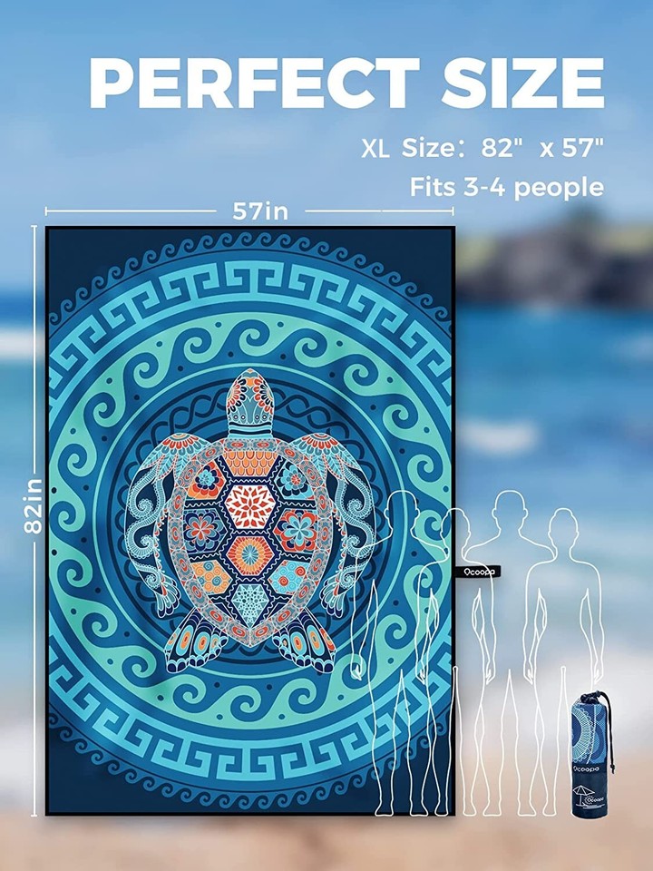 OCOOPA Oversize Microfiber Beach Towel - Fast Drying, Sand Free, Extra Soft, Turtle Pattern, 70"x32"
