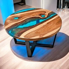 30" Blue Clear Epoxy Resin Coffee Table Acacia Wooden Cafeteria Modern Arts Dec