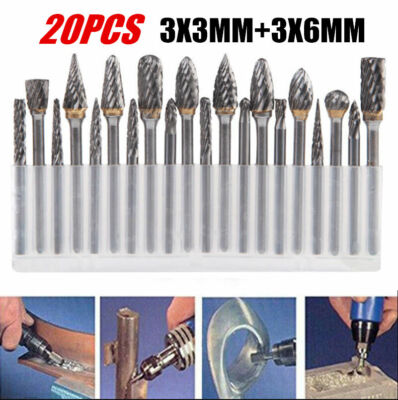 20X 3/6mm Tungsten Carbide Drill Bits Rotary Burr Metal Diamond Grinding Milling