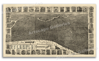 Bird's Eye View 1886 Philadelphia Pennsylvania Vintage Style City Map - 14x24