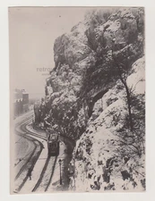 Tram Passes By The Snow Cliff Man At The Station Antique Snapshot Old Photo