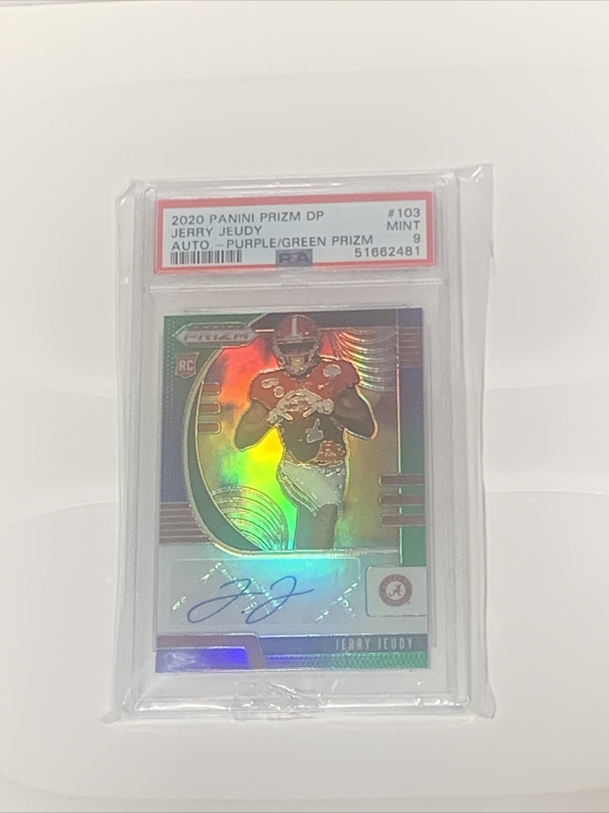 2020 Panini Prizm Draft Football Jerry Jeudy RC Purple Green Auto /125 PSA 9