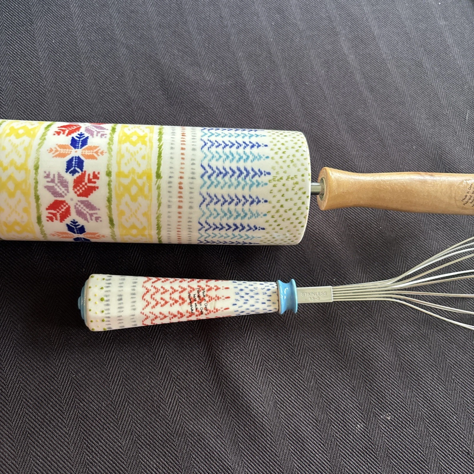 Anthropologie Ceramic Rolling Pin And Whisk Knit Sweater Print New Set