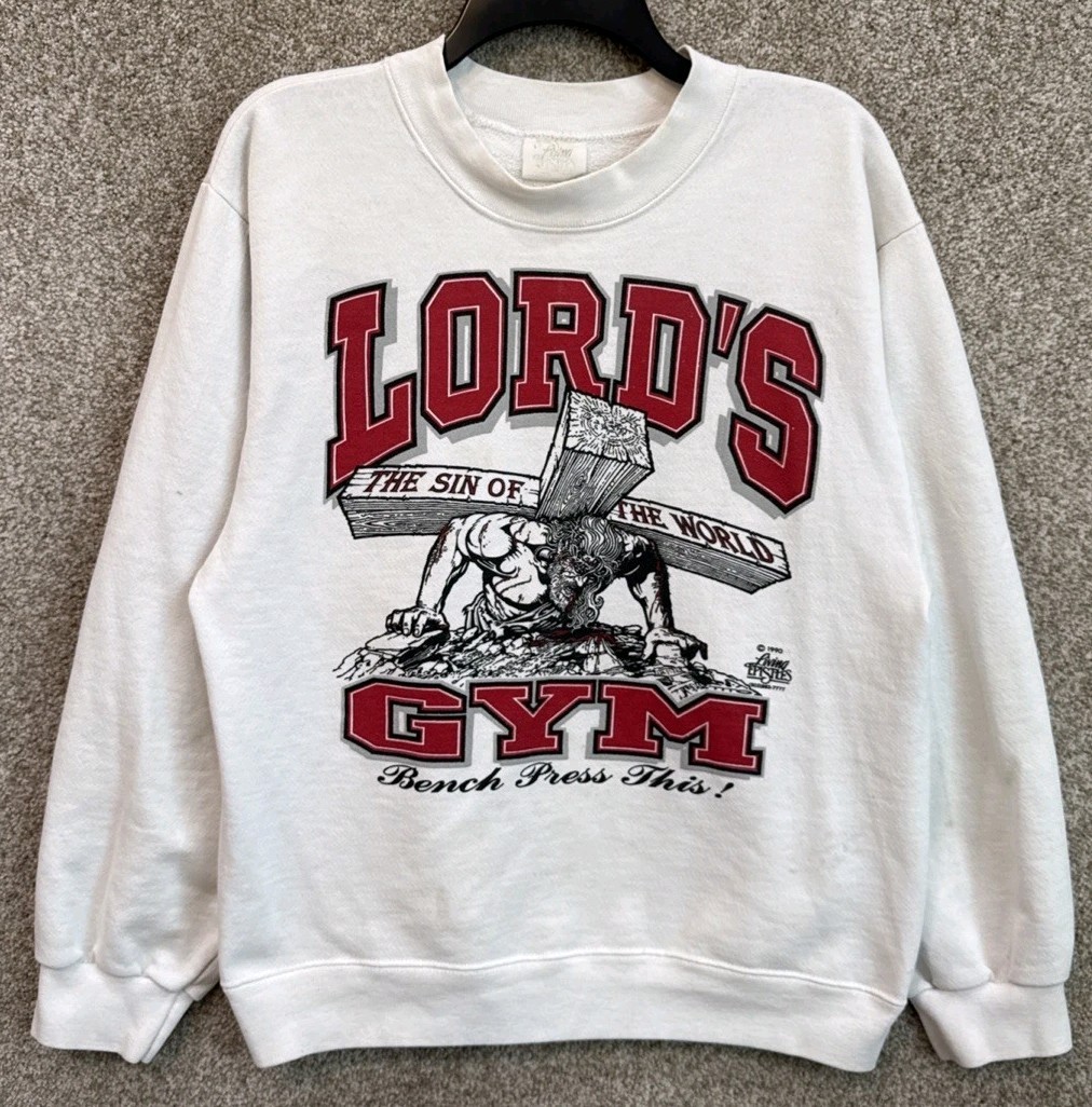 Vtg 90s Lords Gym Bench Press This Jesus Sweater God Christians Crewneck Large