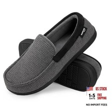 Men's Comfort Memory Foam Moccasin Slippers, Breathable Cotton 8 Dark Gray