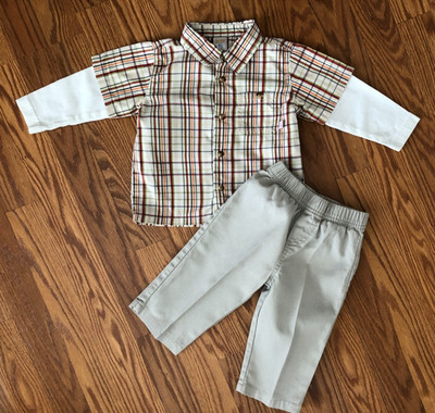 Baby Boys Old navy Plaid Shirt & Kidget's Tan Pants Size 12-18 mo.