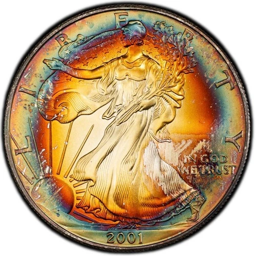 MS68 2001 $1 ASE Silver Eagle Dollar, PCGS Trueview- Nicely Rainbow Target Toned