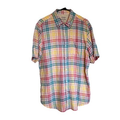 Chaps Seacoast Wash Short Sleeve Plaid Multi Shirt Linen Blend Men's Size L