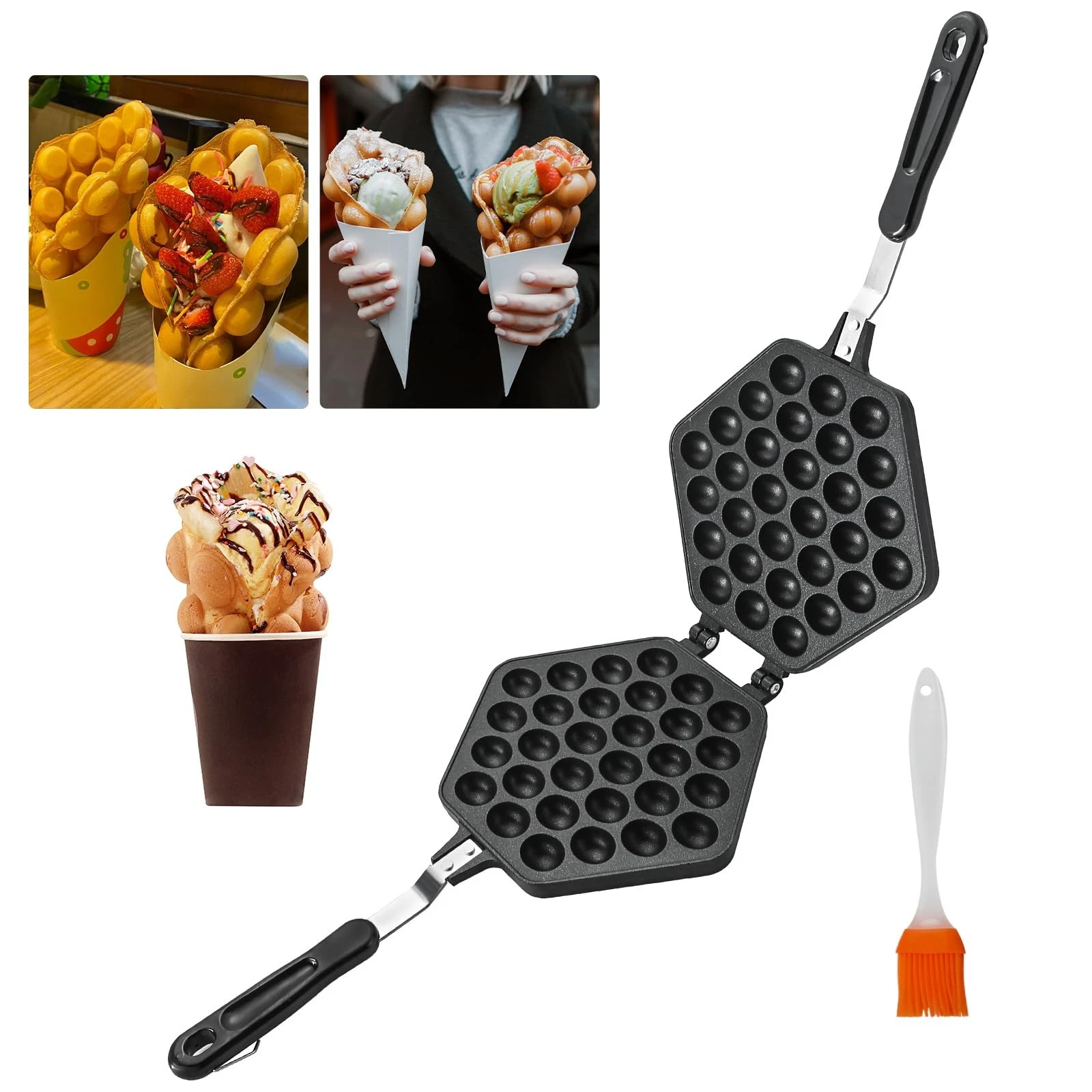 MAOPINER Bubble Waffle Maker Pan Cake Mold Pot Non-stick Double Black