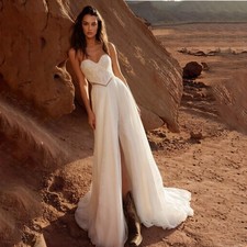 Lace Applique Wedding Dress Slit Puff Strapless A-Line Backless Boho Bridal Gown