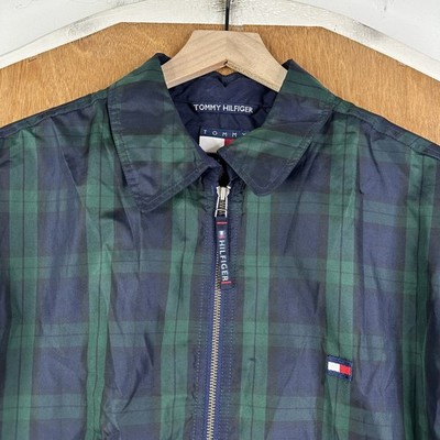 VTG Tommy Hilfiger Windbreaker Mens Medium Navy Green Tartan Zip Collard Jacket