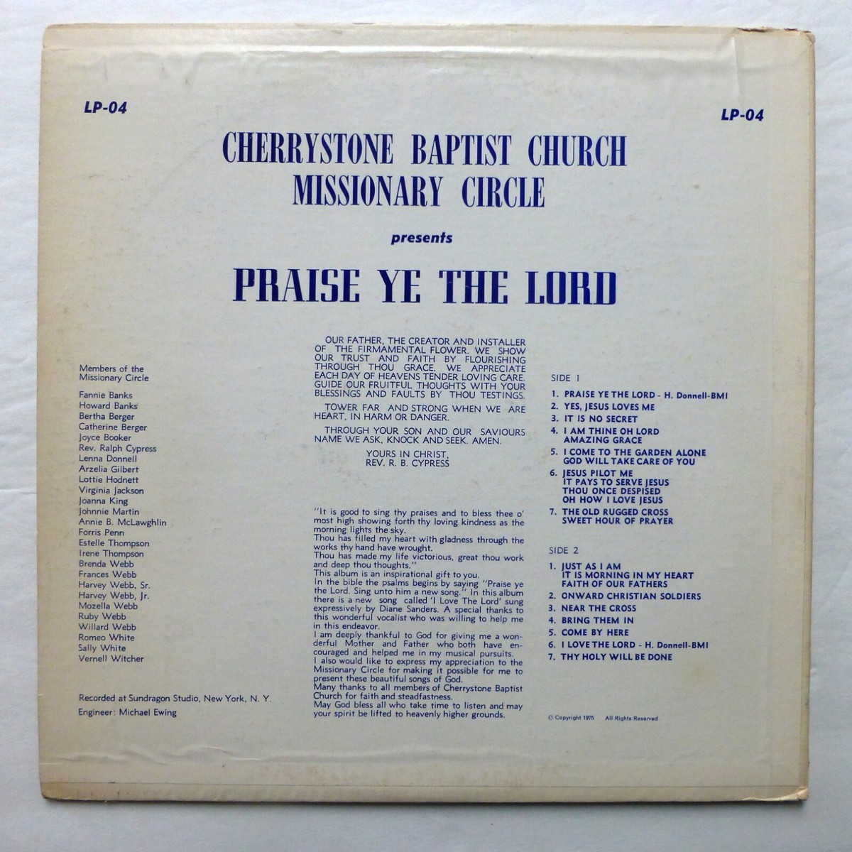 CHERRYSTONE BAPTIST CHURCH MISSIONARY CIRCLE Praise ye the Lord LP 