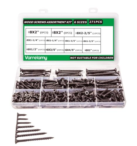 271 PCS High Hardness Black Wood Screws Assortment Kit,Flat Head Wood Scr