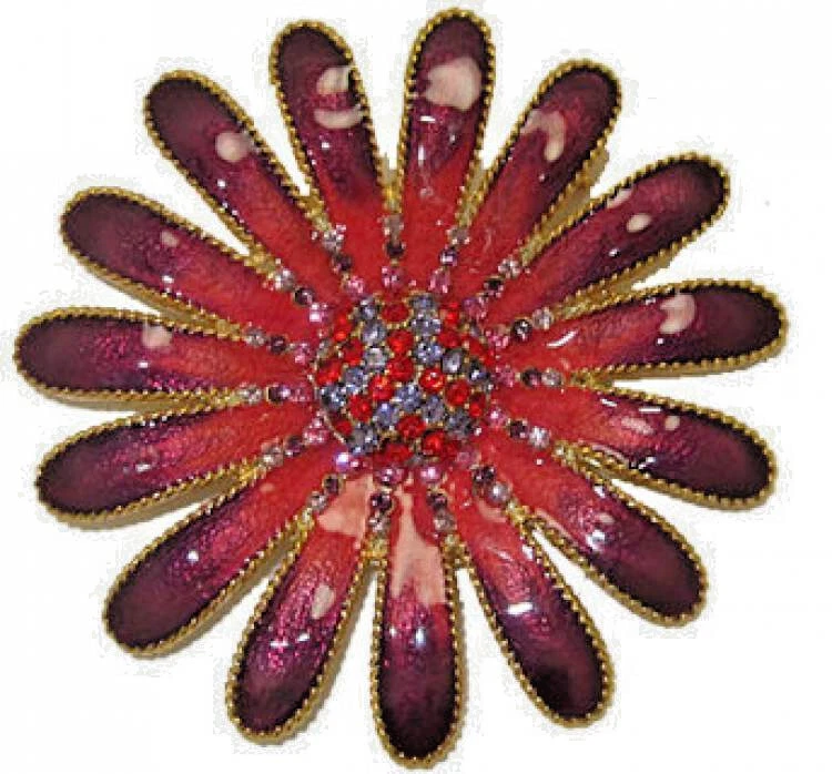Broche de girasol 18kt flor roja púrpura pavé grande fino de oro amarillo circonita cúbica nuevo Foto 2 de 3