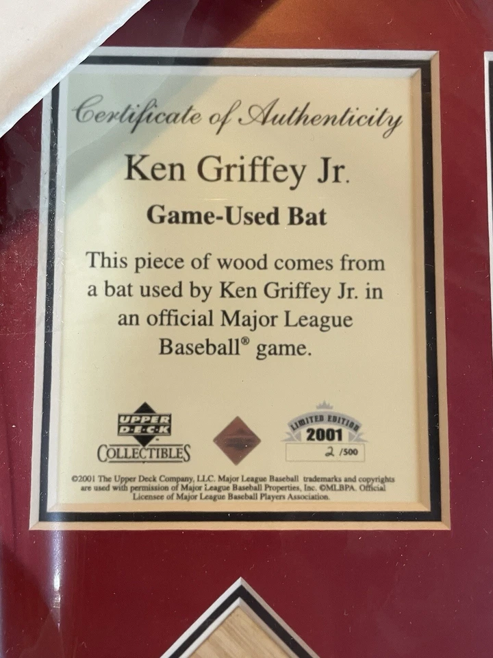 Griffey Jr 2001 UD Game Used Bat 2/500 Plaque. 50% Off Tees/Hats No UDA! - Image 3 of 4