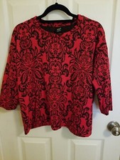 Bobeau Women's Sz L 3/4 Sleeve Blouse Top Paisley Floral Red & Black Made in USA