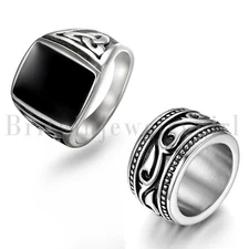 2Pcs Stainless Steel Rings for Men Vintage Biker Signet&Band Ring Set Size 7-13