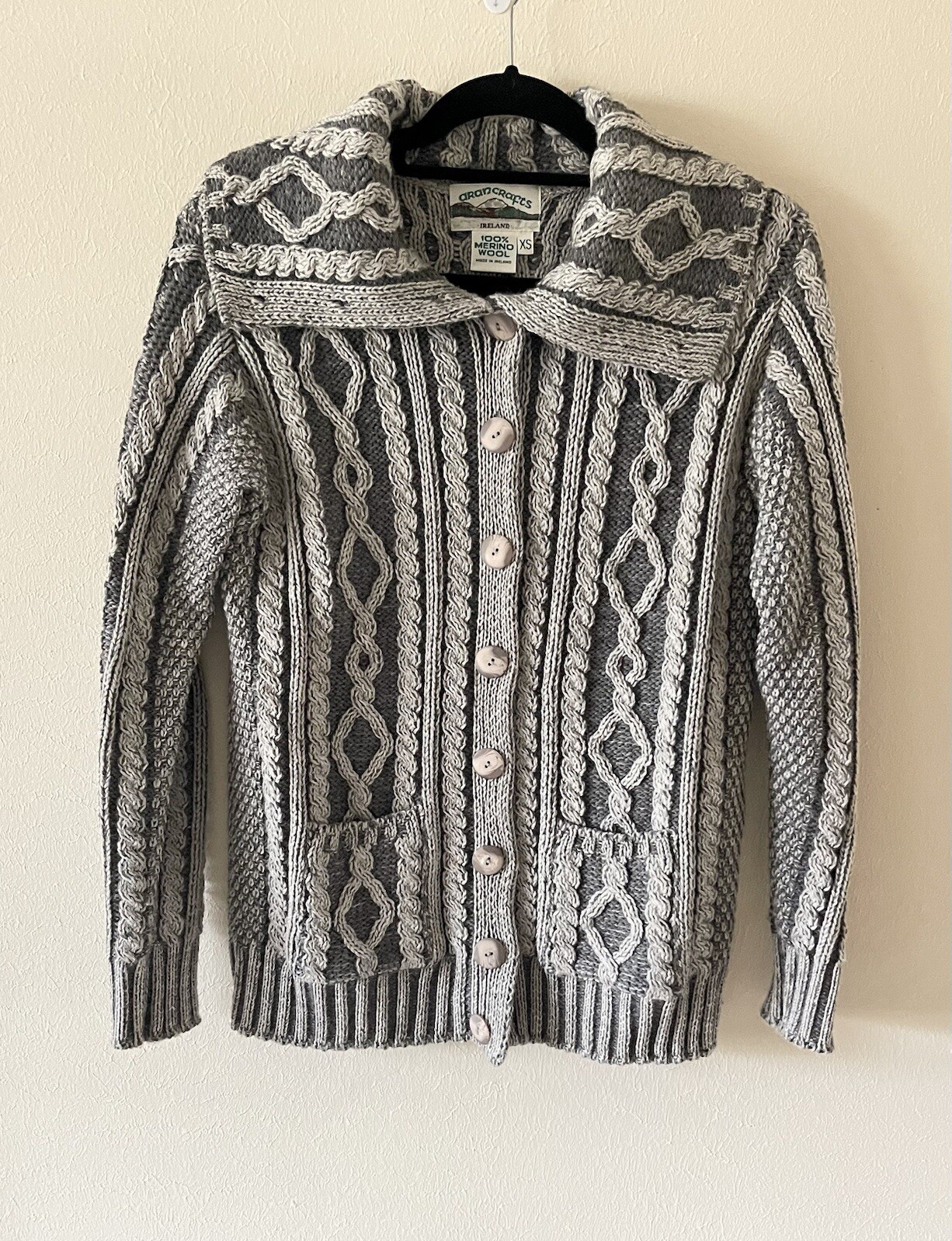Aran Crafts Gray Cable Knit Irish Merino Wool Sweater Button Down Sweater Sz XS