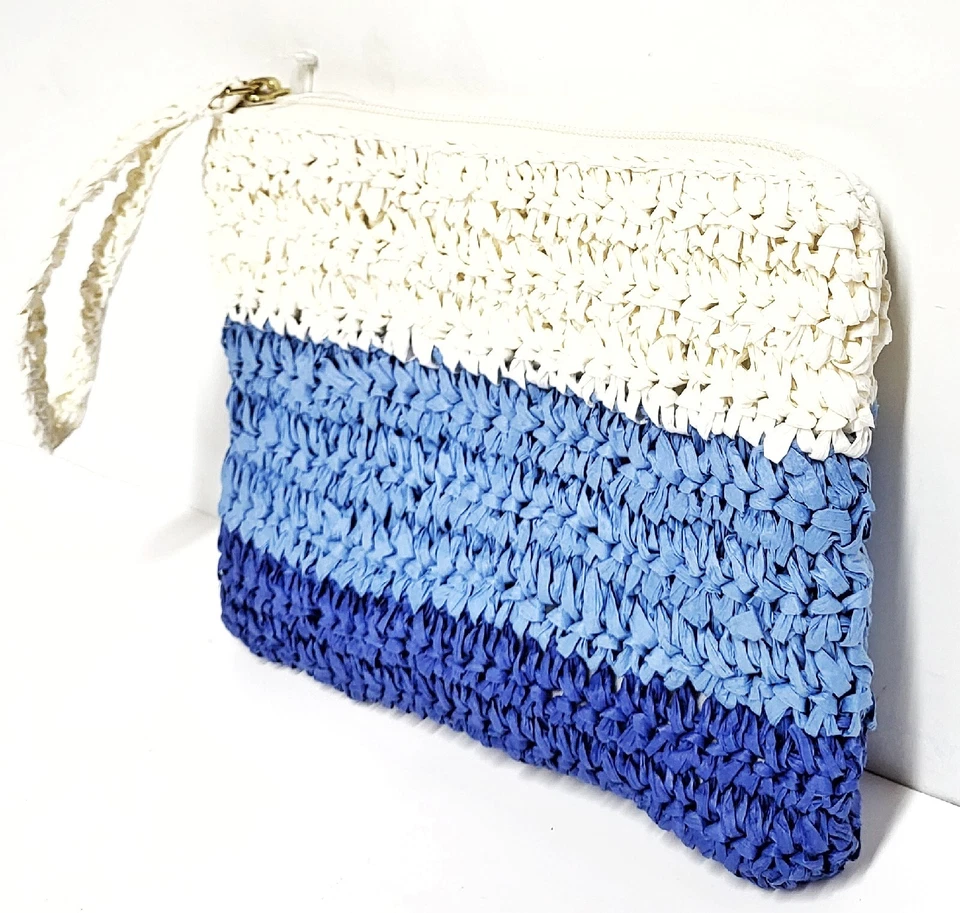 J.Crew Factory Striped Straw Wristlet Bag Blue Multi-Color Colorblock BN840 NWT - Image 4 of 4