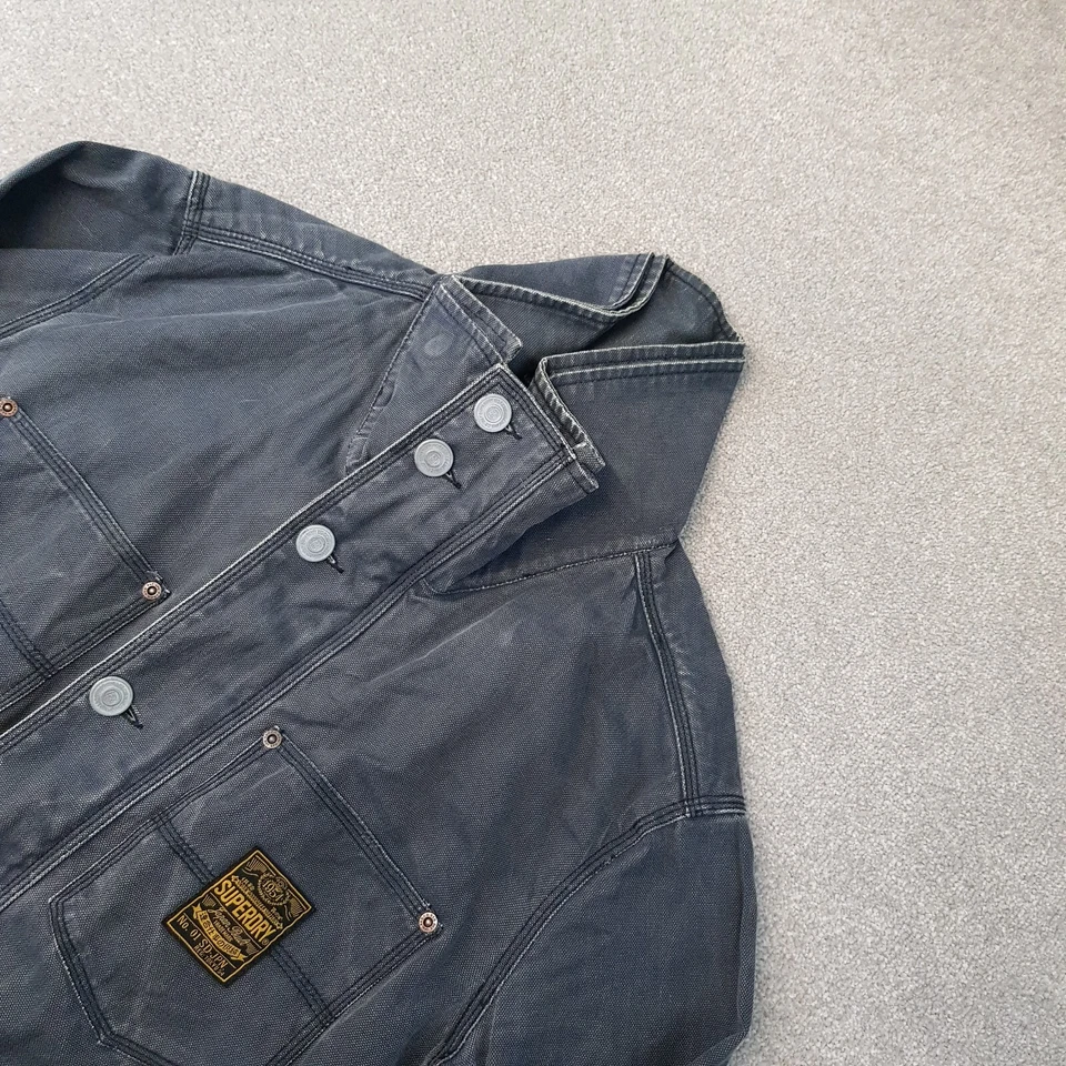 Superdry Hombre Chaqueta Grande Azul Denim Biker Utility Café Moto Ropa de Trabajo Pesada Foto 2 de 4