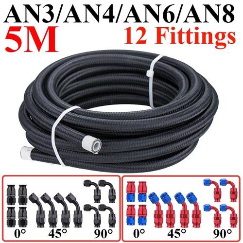 16FT/5M 3AN 4AN 6AN 8AN E85 Nylon Braided PTFE Fuel Hose Oil Line + 12 Fittings