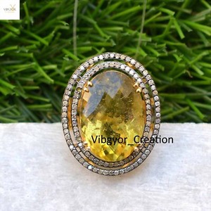 Authentic Lemon Topaz Gemstone Ring Pave Diamond Jewelry 925 Solid Silver Gold Plated Ring