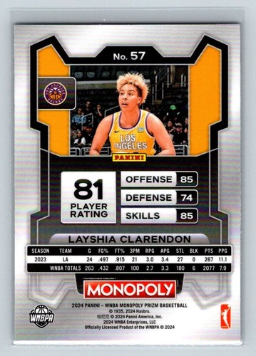 2024 Panini Prizm Monopoly WNBA #57 Layshia Clarendon Los Angeles Sparks (B) - Picture 2 of 2