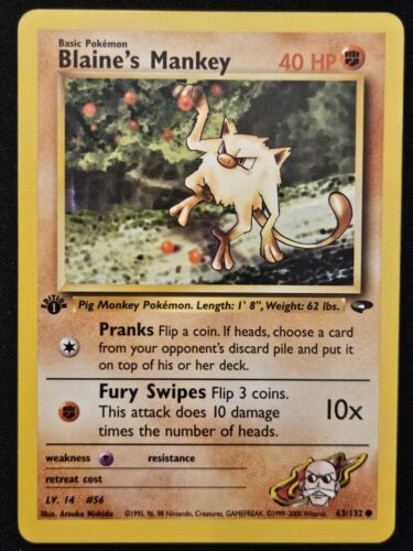 1a Edizione Blaine's Mankey 63/132 Sfida Palestra WoTC Pokémon Trading CG 2000 LP - Foto 1 di 2