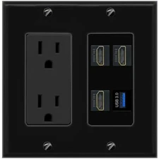 3 HD USB-3 Port Wall Plate Black w Power Outlet